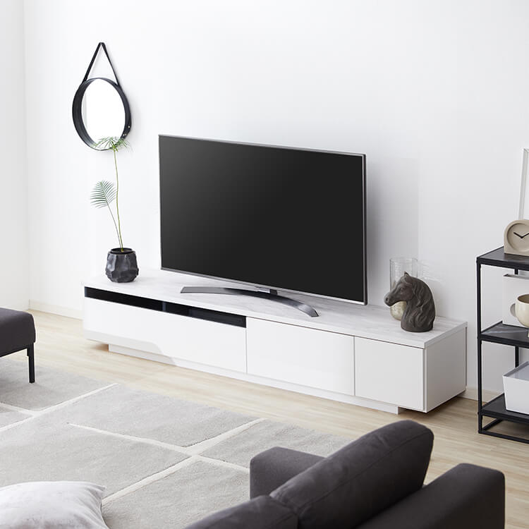 Low TV stand with storage, marble pattern, marble furniture, cord hole, made in Japan, finished product