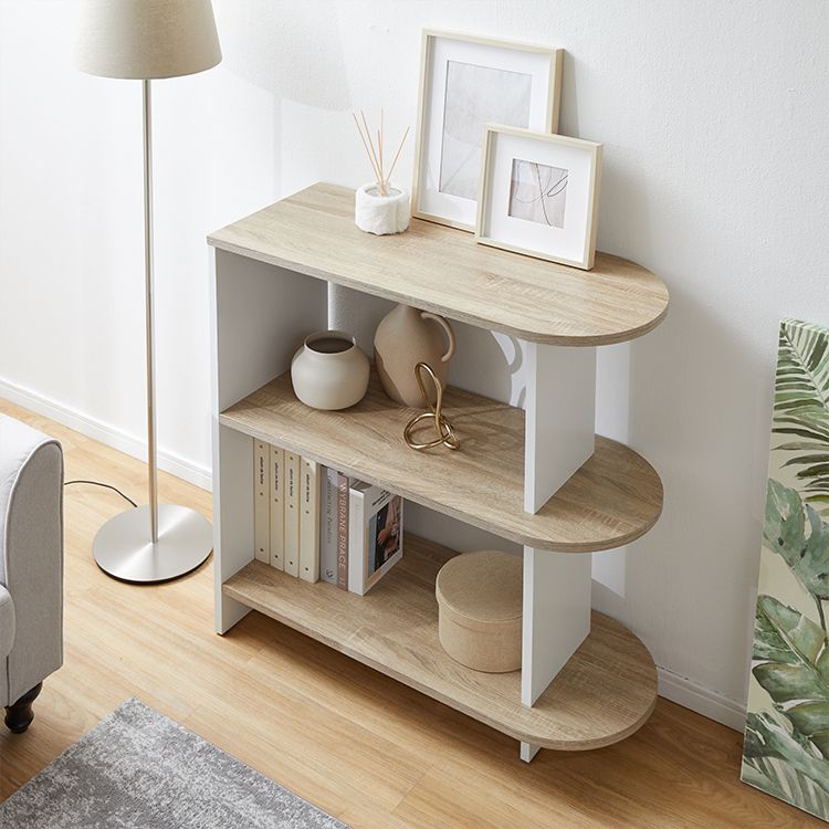 Open shelves, visible storage, partitions, side tables