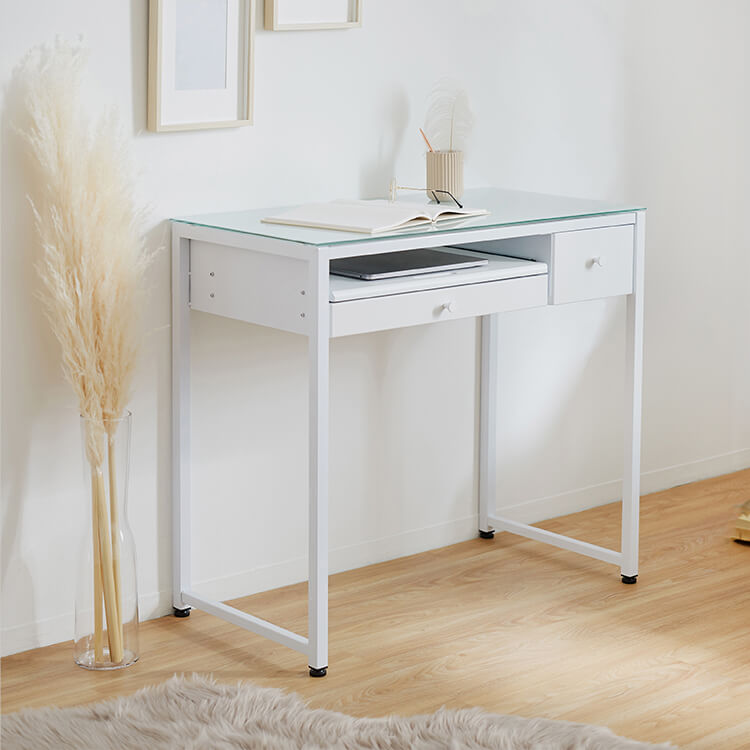 Compact desk with drawer, glass top, nail desk