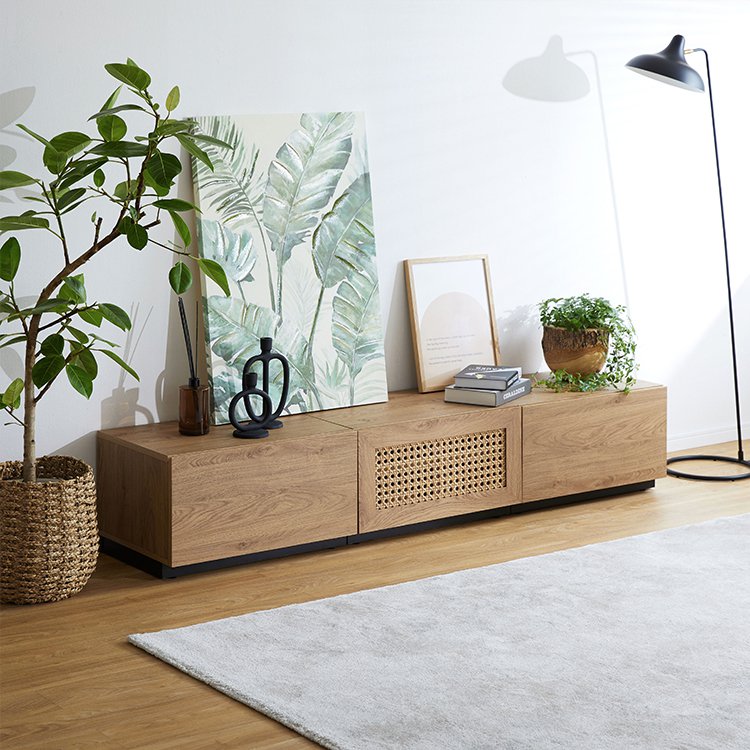 Rattan-style TV stand, wooden, steel legs, rearrangeable, Korean interior