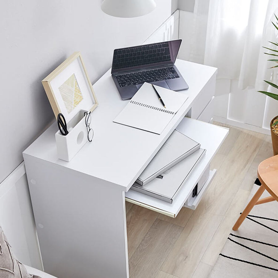 Computer desk with integrated storage for A4 size documents