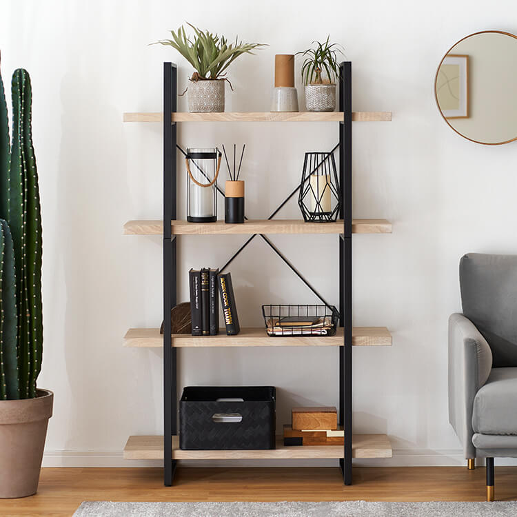 Open shelf, 4 tiers, steel rack, display shelf, visible storage, shelf, rack, wooden