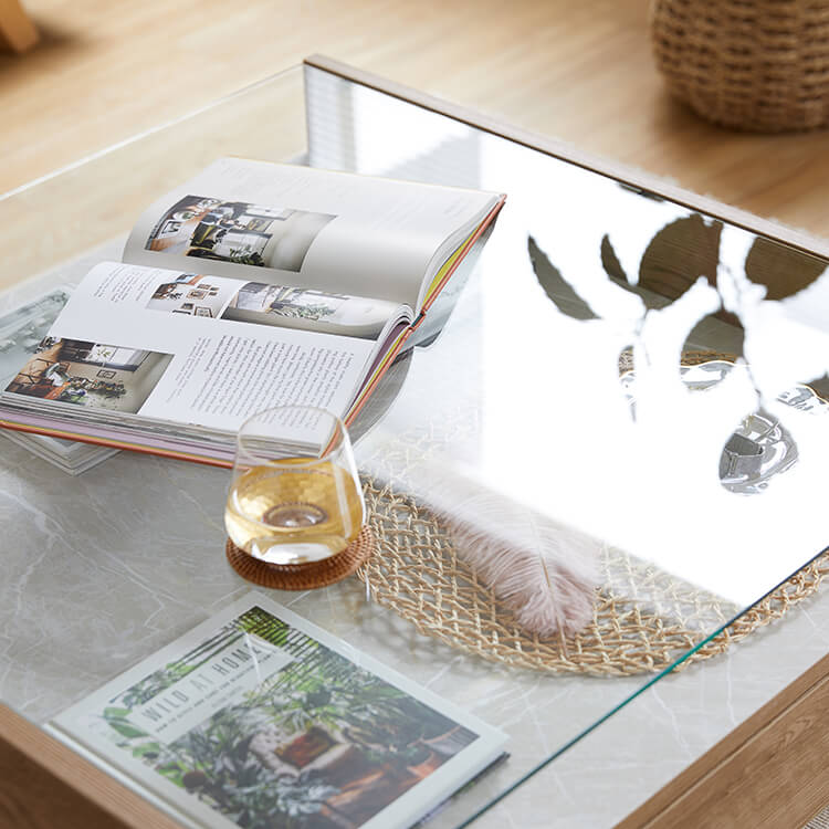 Wooden center table with glass top and stone effect