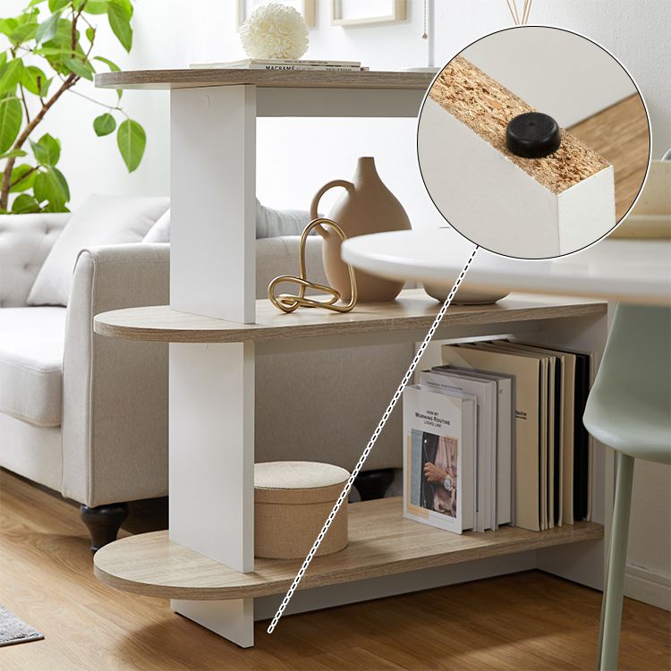 Open shelves, visible storage, partitions, side tables
