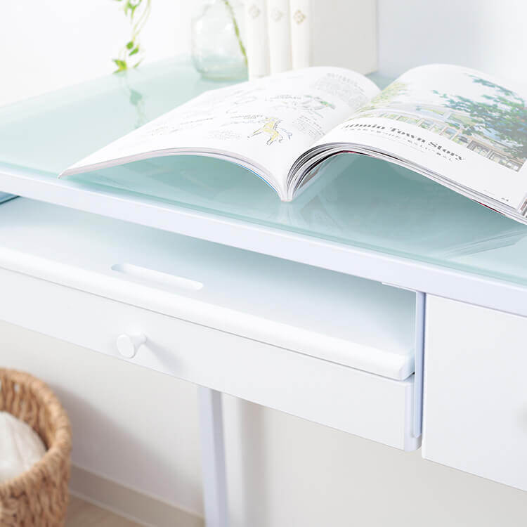 Compact desk with drawer, glass top, nail desk