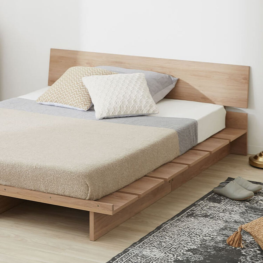 Bed frame, low-type slatted bed, wood grain finish [D]