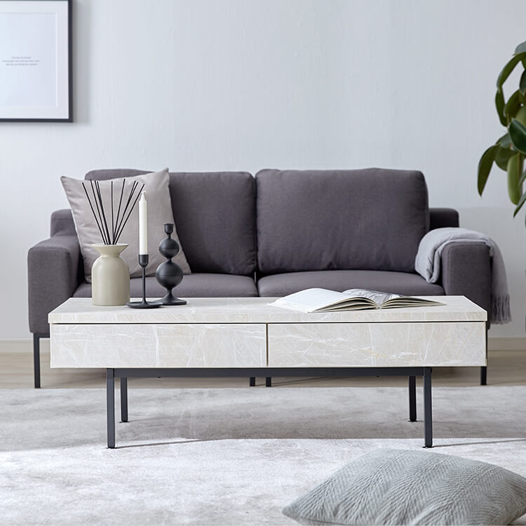 Center table with storage, marble pattern, steel legs