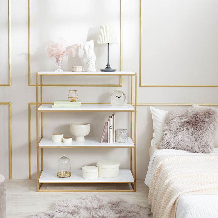 Display rack (4 shelves) with open shelves, gold legs and marble pattern