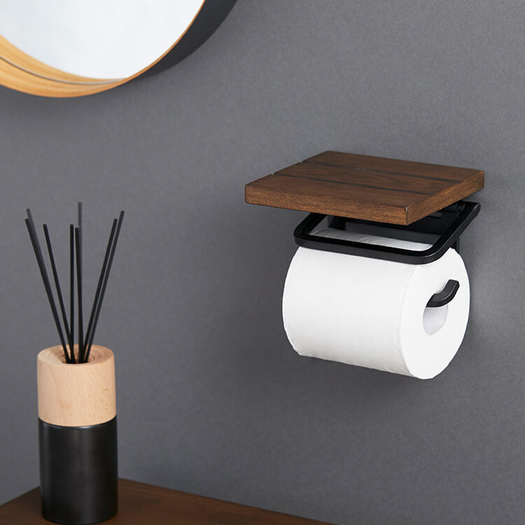Toilet paper holder, short type, available in two types: compact, made of natural wood, steel, and vintage