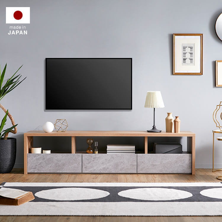 TV stand, low TV stand, made in Japan, finished product, wood grain, concrete pattern, with storage