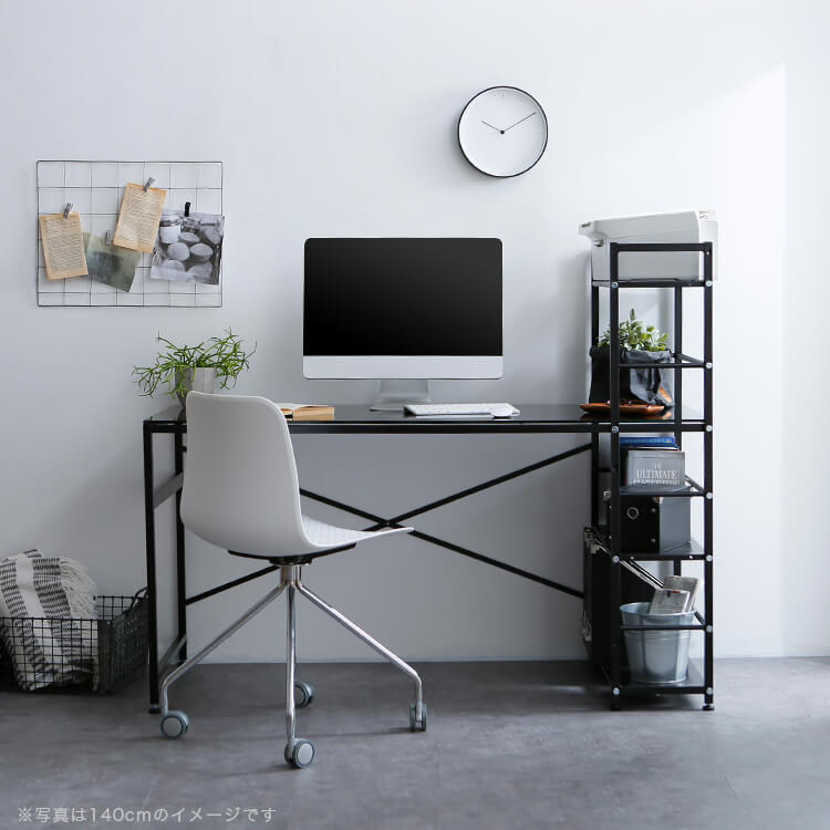 Computer desk, choice of glass or wooden top, integrated storage rack, steel