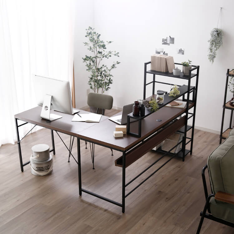 L-shaped desk with integrated rack, steel legs, wooden