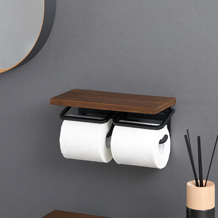 Toilet paper holder, twin type, made of natural wood, steel, vintage