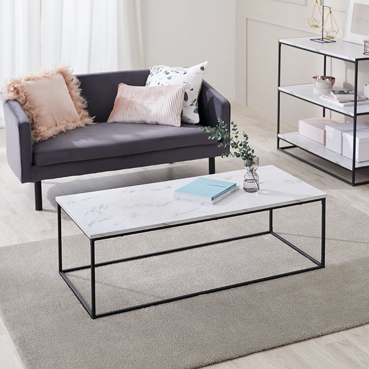 Living room table, low table, low desk, rectangular, steel, marble pattern