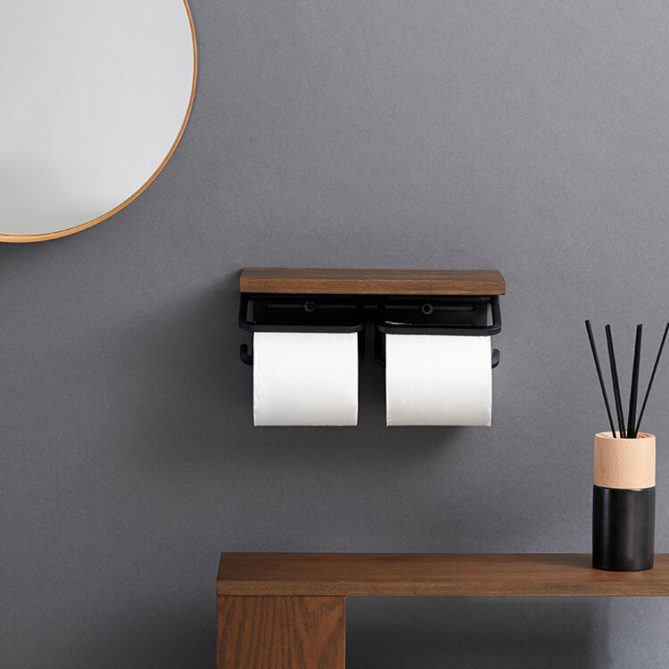 Toilet paper holder, twin type, made of natural wood, steel, vintage