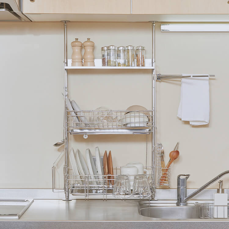 Tension Dish Drainer, Stainless Steel, with Chopstick, Knife and Cutting Board Stand