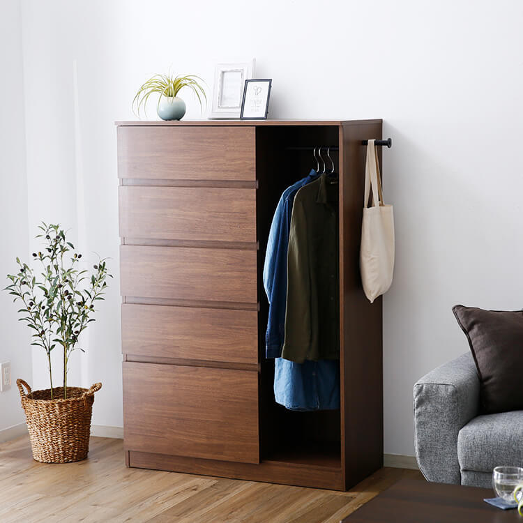 Hanger rack storage with drawers and side hooks, wood grain finish