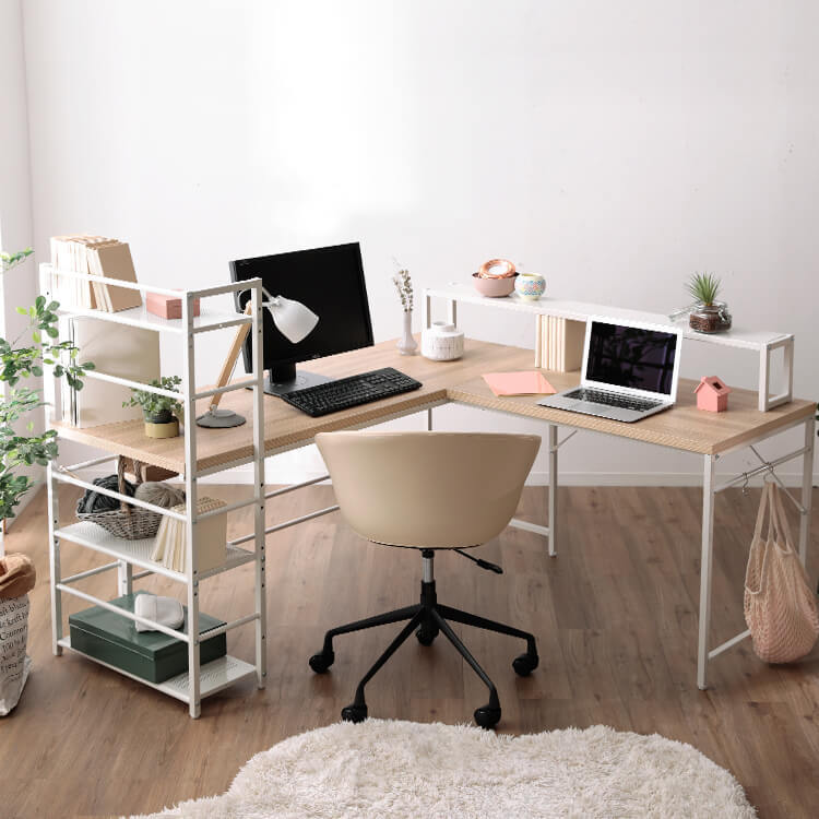 L-shaped desk with integrated rack, steel legs, wooden