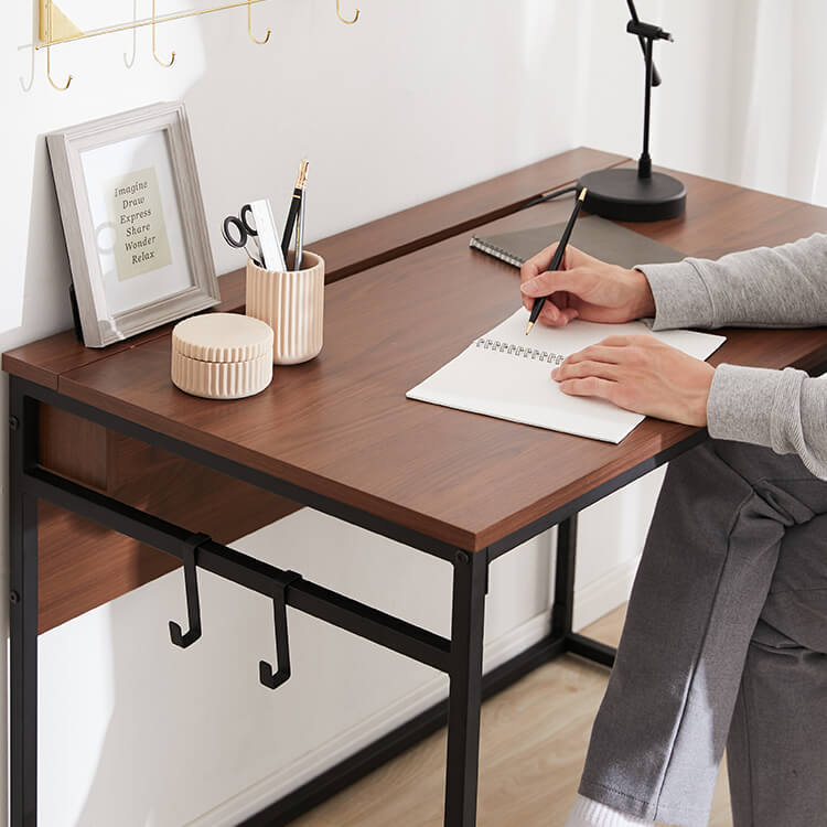 Computer desk, multi-purpose work desk, power strip storage, steel legs, wood grain finish