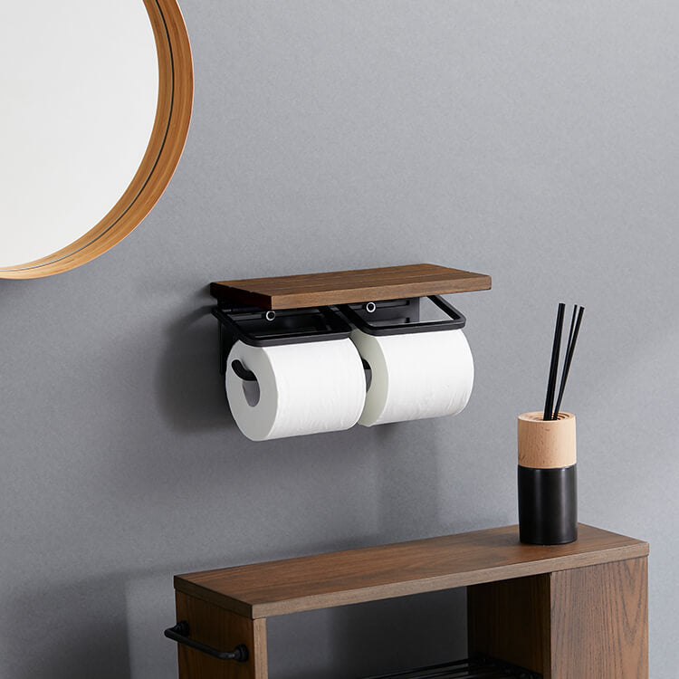 Toilet paper holder, twin type, made of natural wood, steel, vintage