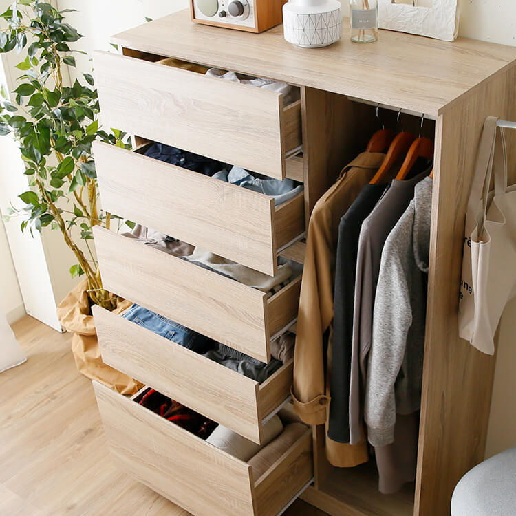 Hanger rack storage with drawers and side hooks, wood grain finish