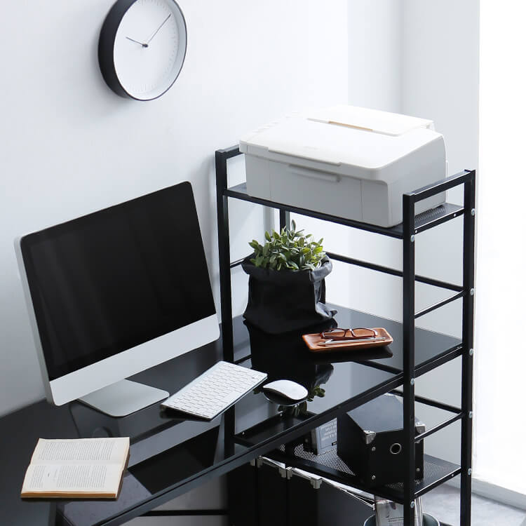 Computer desk, choice of glass or wooden top, integrated storage rack, steel