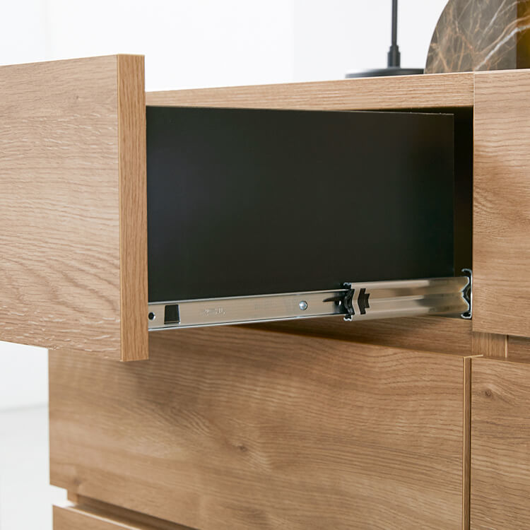 Domestically produced low chest of drawers, storage, with legs, made of wood and steel