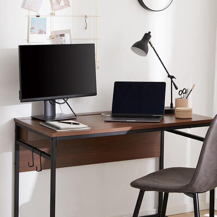 Computer desk, multi-purpose work desk, power strip storage, steel legs, wood grain finish