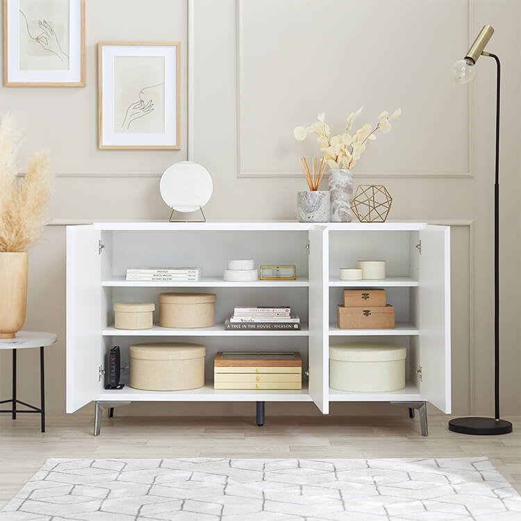 Sideboard Made in Japan Living room storage Steel legs Marble pattern Marble furniture Rack Storage box