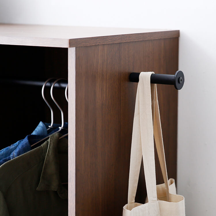 Hanger rack storage with drawers and side hooks, wood grain finish