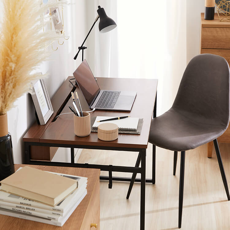 Computer desk, multi-purpose work desk, power strip storage, steel legs, wood grain finish