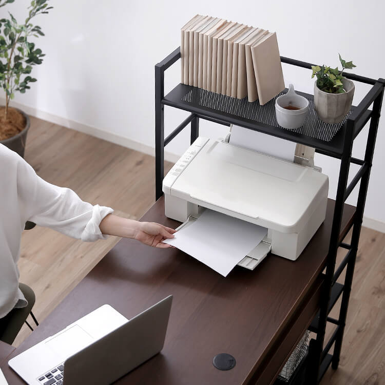 L-shaped desk with integrated rack, steel legs, wooden