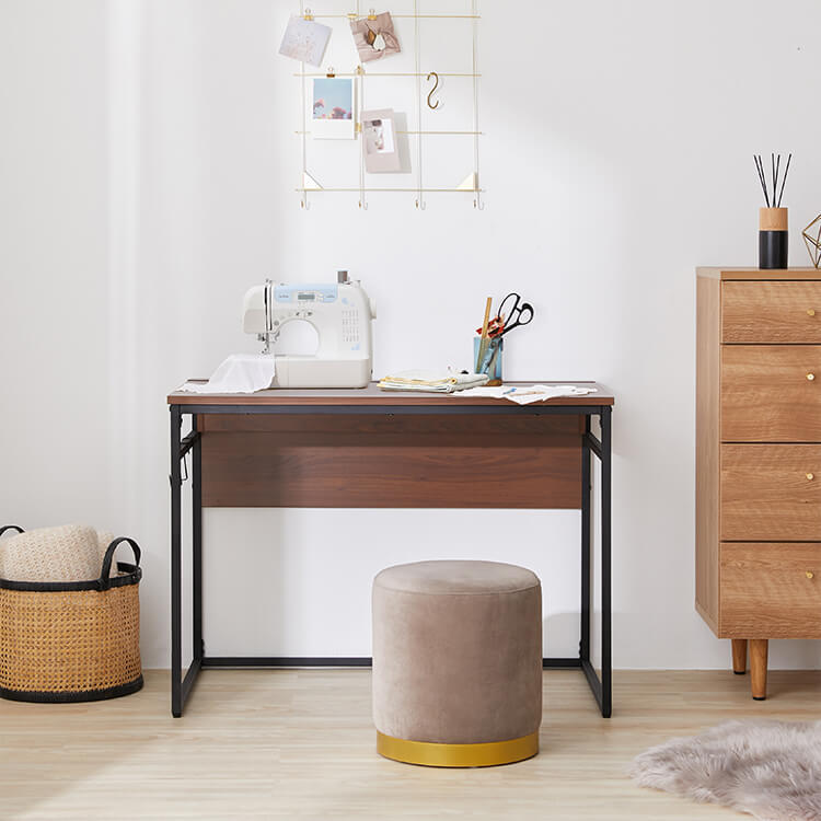 Computer desk, multi-purpose work desk, power strip storage, steel legs, wood grain finish