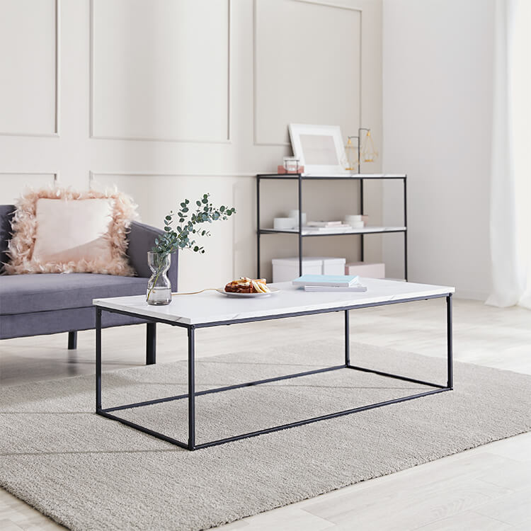 Living room table, low table, low desk, rectangular, steel, marble pattern