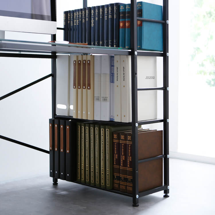 Computer desk, choice of glass or wooden top, integrated storage rack, steel