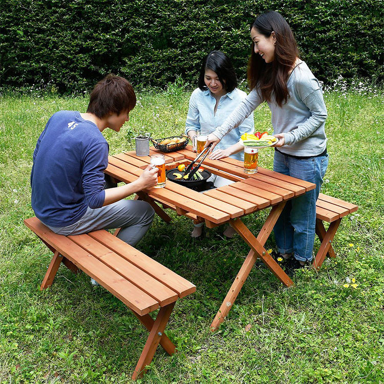 Garden table set with bench, 2-way type, with stove space, wooden, for 2 people (3 pieces)