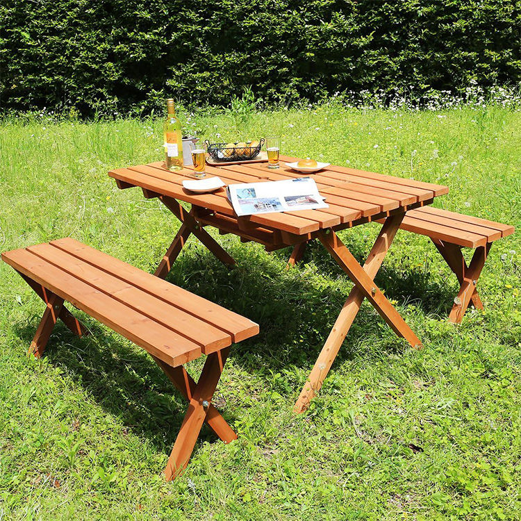 Garden table set with bench, 2-way type, with stove space, wooden, for 2 people (3 pieces)