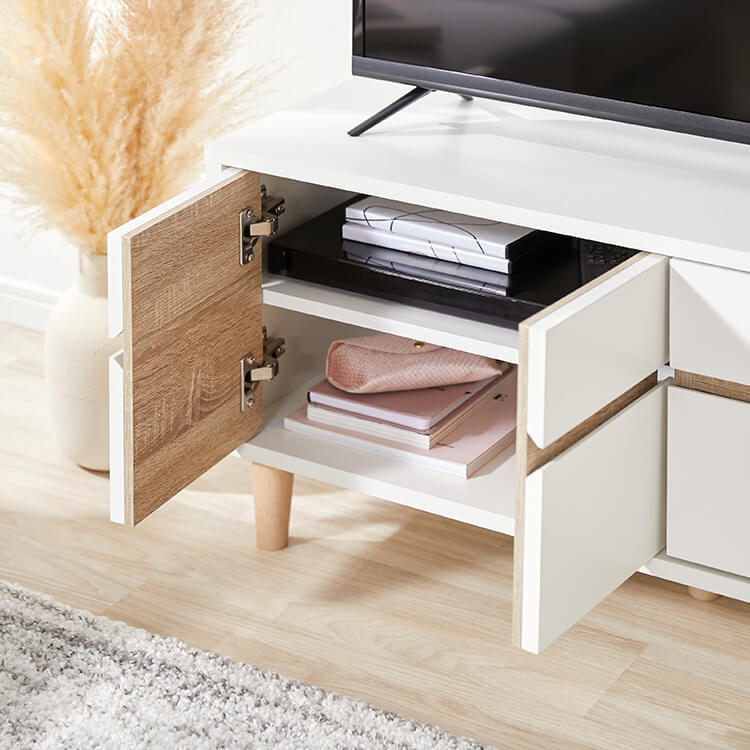 Low TV stand, wood grain, with storage, hinged door storage, two-tone color