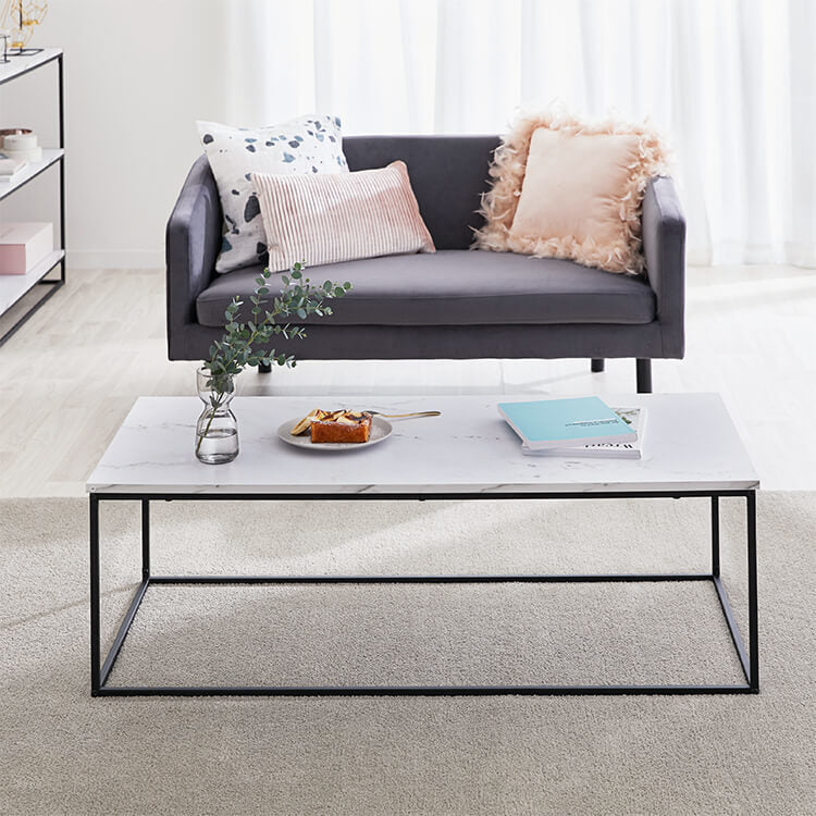 Living room table, low table, low desk, rectangular, steel, marble pattern