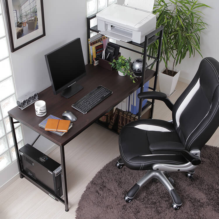 Computer desk, choice of glass or wooden top, integrated storage rack, steel