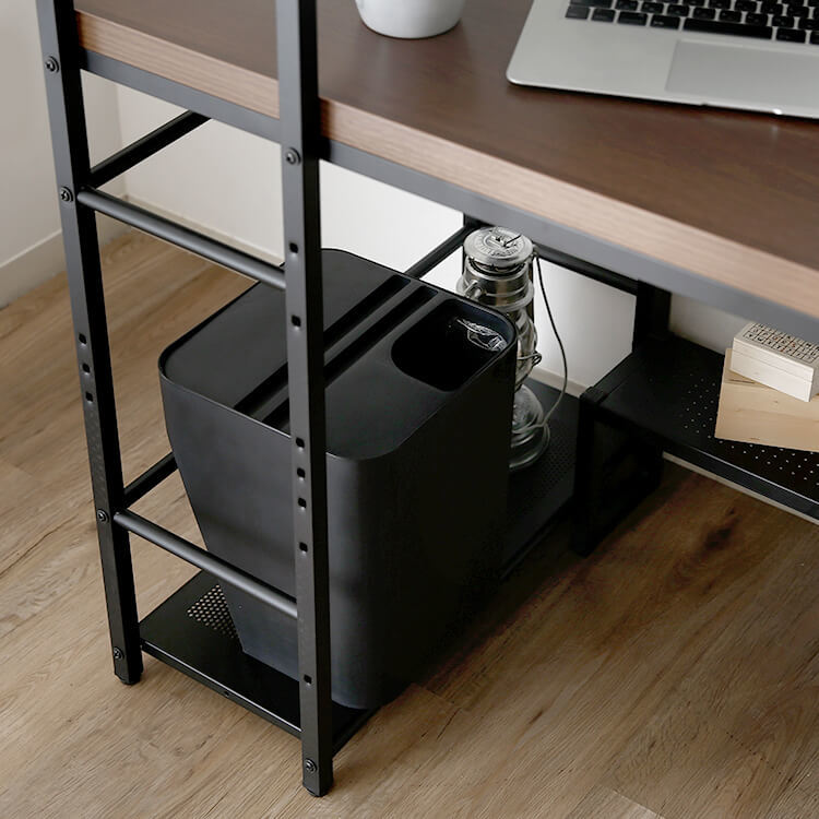 L-shaped desk with integrated rack, steel legs, wooden