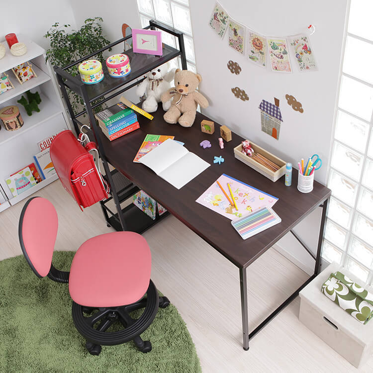 Computer desk, choice of glass or wooden top, integrated storage rack, steel