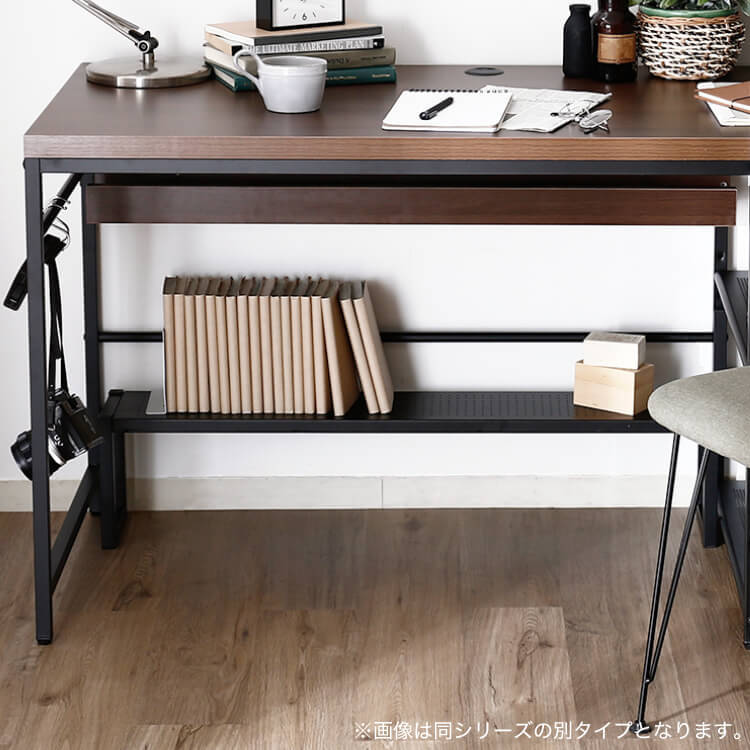 L-shaped desk with integrated rack, steel legs, wooden