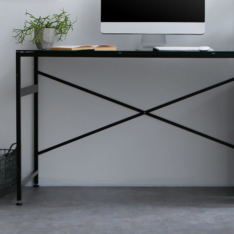 Computer desk, choice of glass or wooden top, integrated storage rack, steel