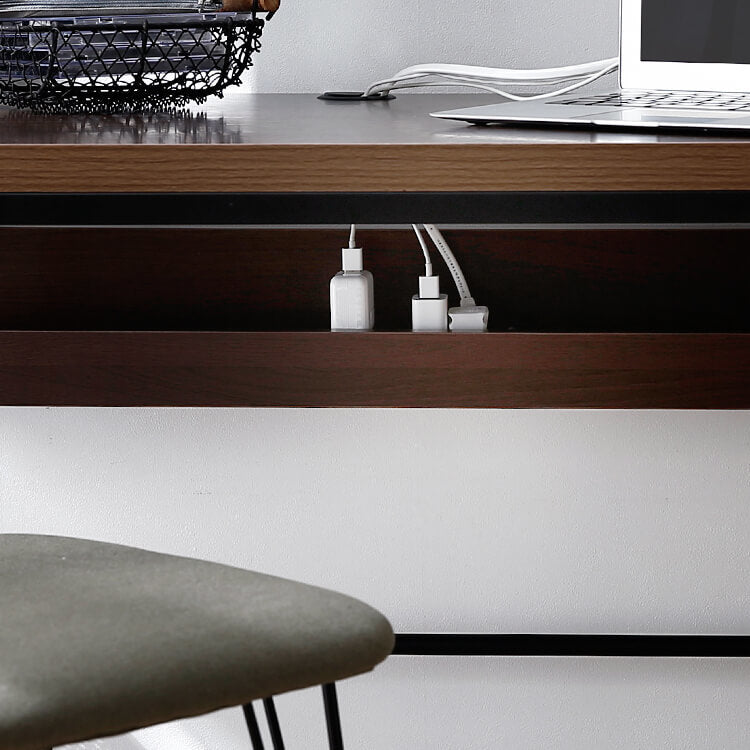 L-shaped desk with integrated rack, steel legs, wooden