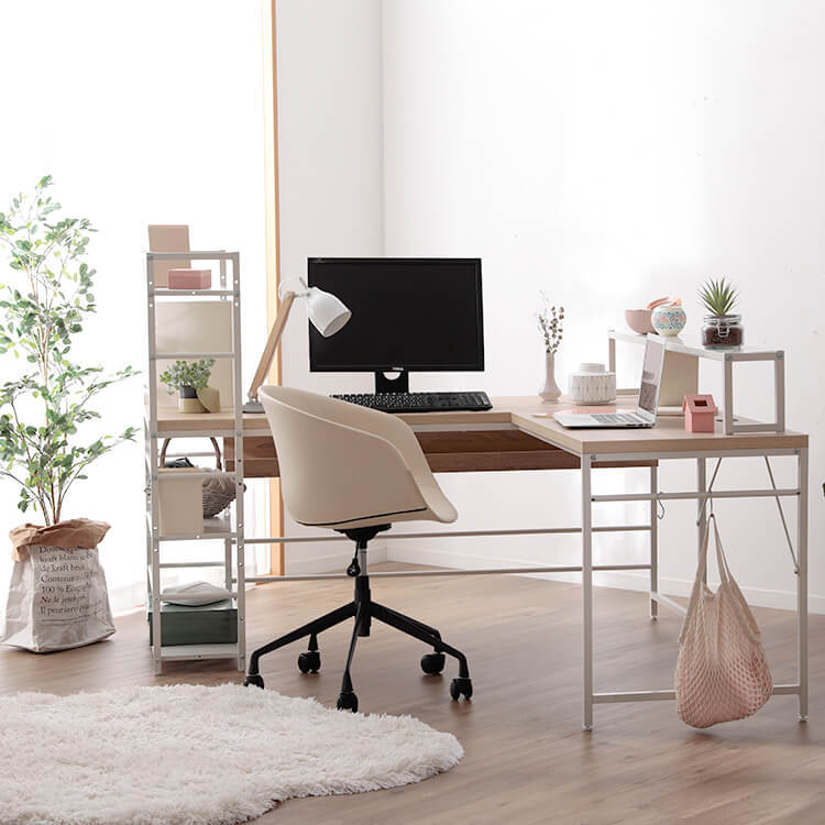 L-shaped desk with integrated rack, steel legs, wooden