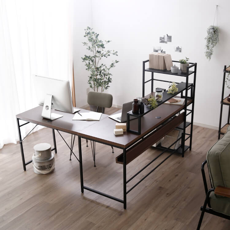 L-shaped desk with integrated rack, steel legs, wooden