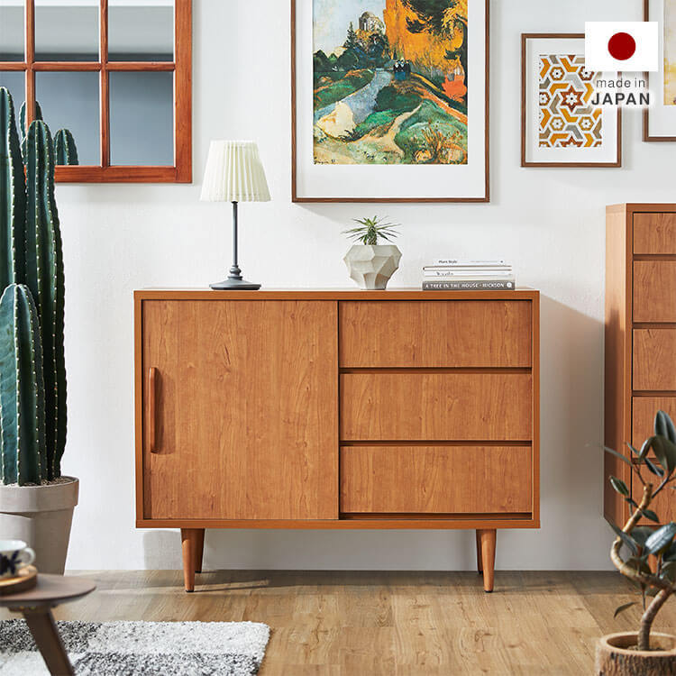 Sideboard, Made in Japan, Storage, Cabinet, Scandinavian Style, Living Room, Drawers, Adjustable Shelves, Wood Grain, Semi-Finished Product