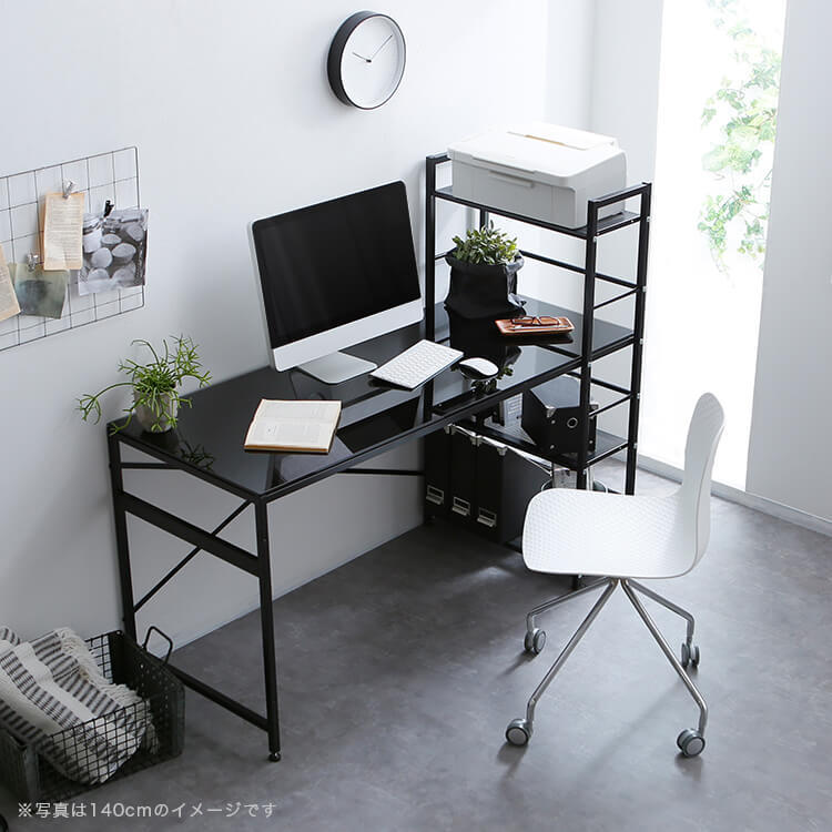 Computer desk, choice of glass or wooden top, integrated storage rack, steel