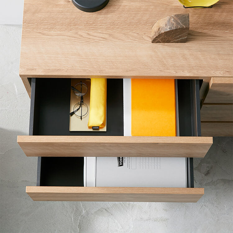 Domestically produced low chest of drawers, storage, with legs, made of wood and steel